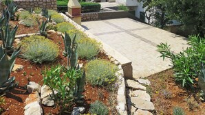 A rooftop garden with various plants and a stone structure.