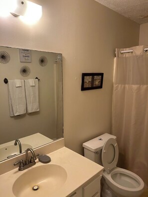 Hair dryer, towels, soap, toilet paper