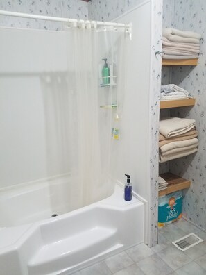Hair dryer, towels, soap, toilet paper