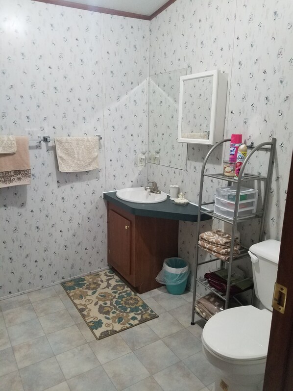 Un baño con lavamanos, espejo, inodoro y estante con artículos de aseo.