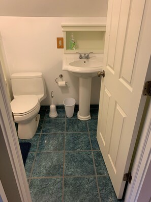 Bathtub, hair dryer, towels, soap