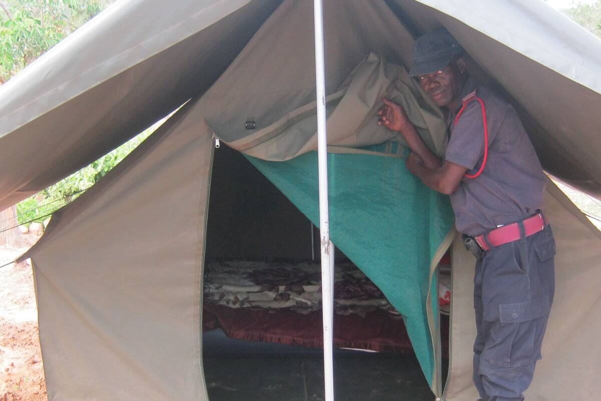 A tent with a single bed inside.