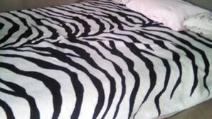 A bed with a zebra-striped pillow and a plain white pillow.