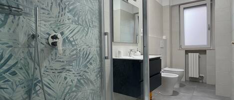 Combined shower/bathtub, hair dryer, bidet, towels