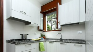 Une cuisine moderne avec des meubles blancs, une cuisinière à gaz, un évier et une fenêtre donnant sur les arbres.