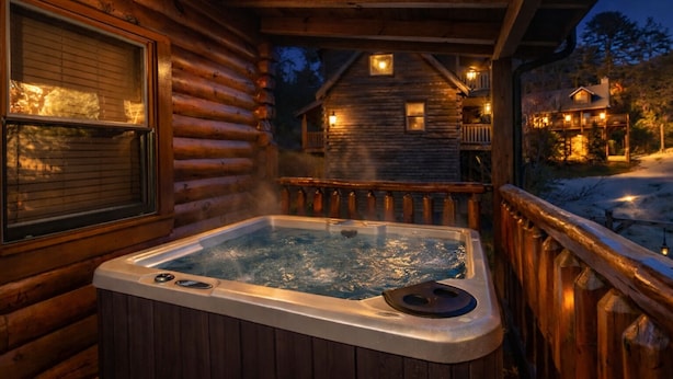 Eine Holzhütte mit Whirlpool auf der Veranda, ein Fenster mit Jalousien und Blick auf eine weitere Hütte im Hintergrund.