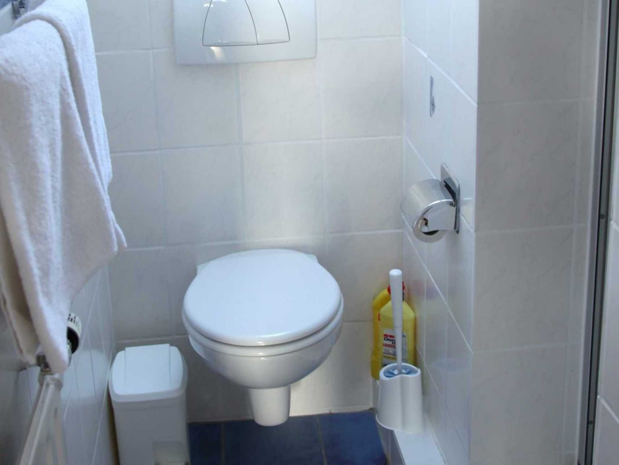 Un baño con un inodoro, un cubo de basura, un dispensador de papel higiénico y una botella de limpiador.