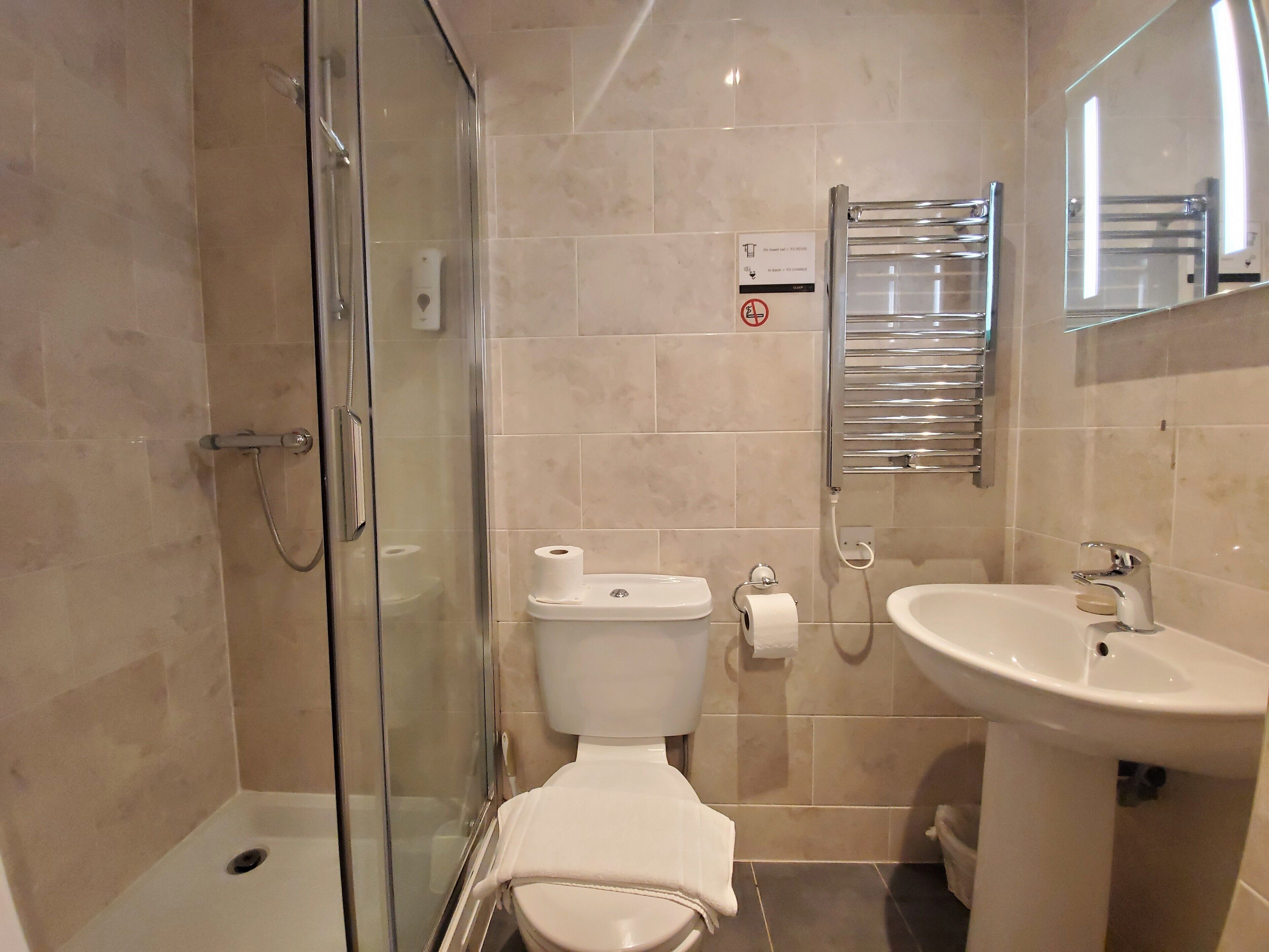 small double room | bathroom | shower, free toiletries, hair dryer, towels