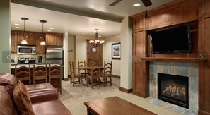 Een televisie, een open haard, een dvd-speler en boeken