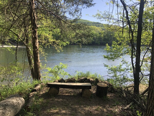 A wooden bench by a lake surrounded by trees. - Walk-In Condo With Pools in Pointe Royale - 2 Kings - Sleeps 6 (Branson)