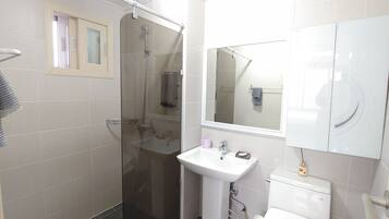 A modern bathroom with a glass shower enclosure, a pedestal sink, and a toilet.