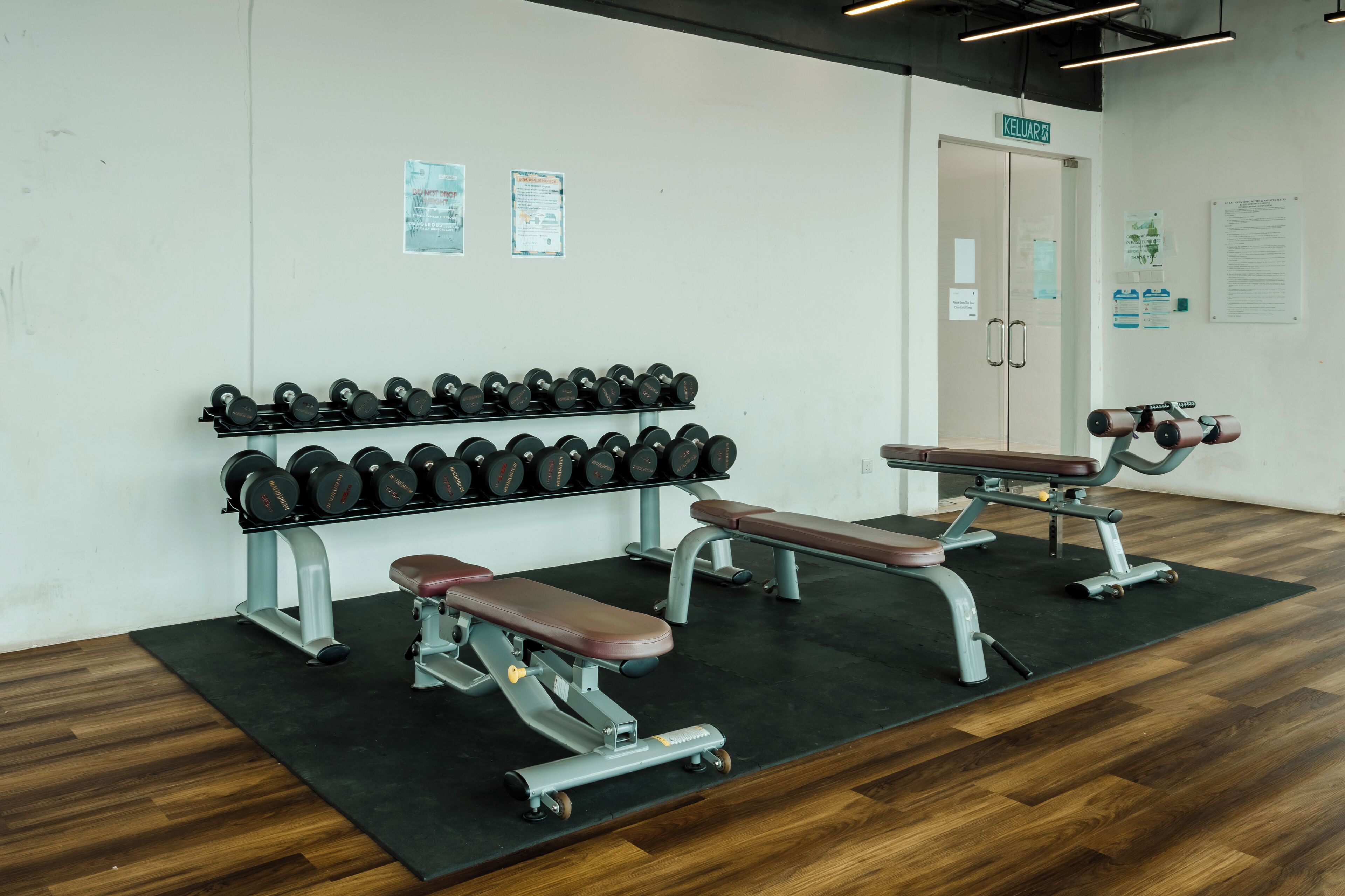 A gym with benches, dumbbells, and a bench press.
