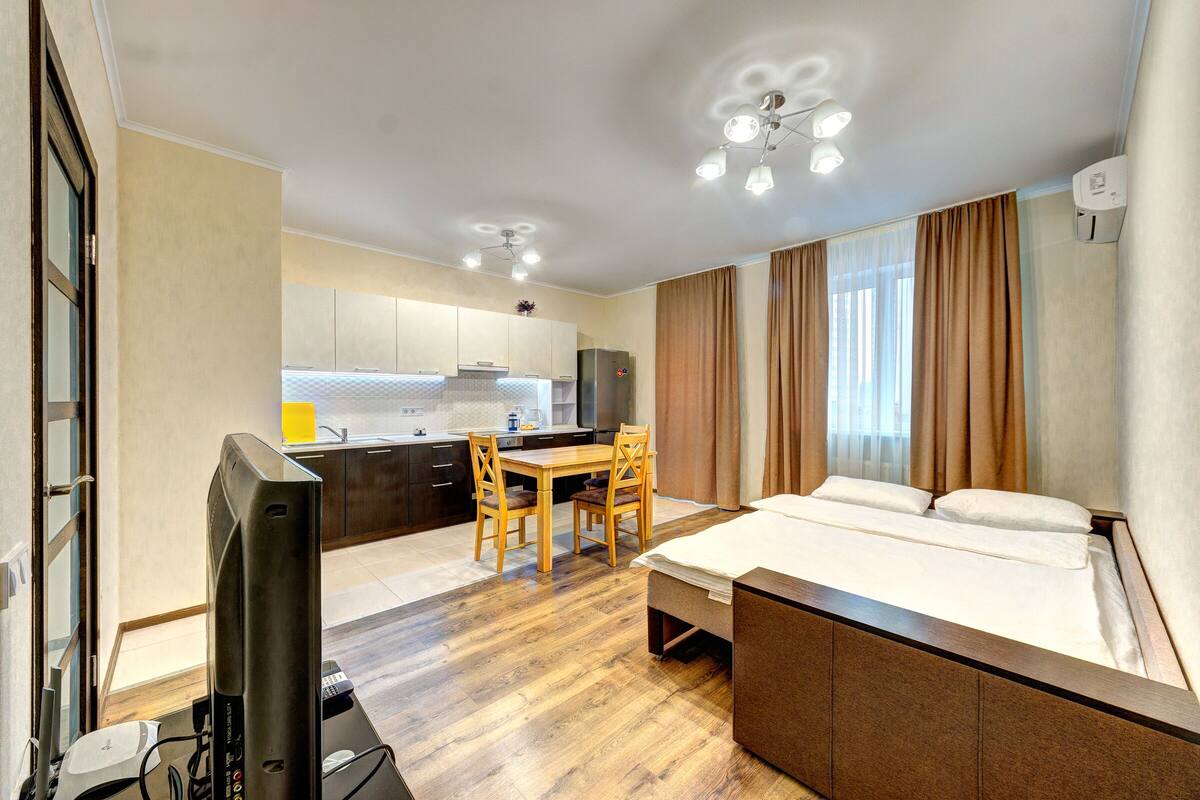 Desk, blackout curtains, soundproofing, iron/ironing board
