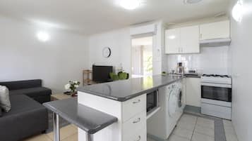 Deluxe Apartment, 1 Bedroom | Private kitchen | Fridge, microwave, oven, stovetop