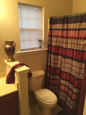 Hair dryer, towels, soap, shampoo