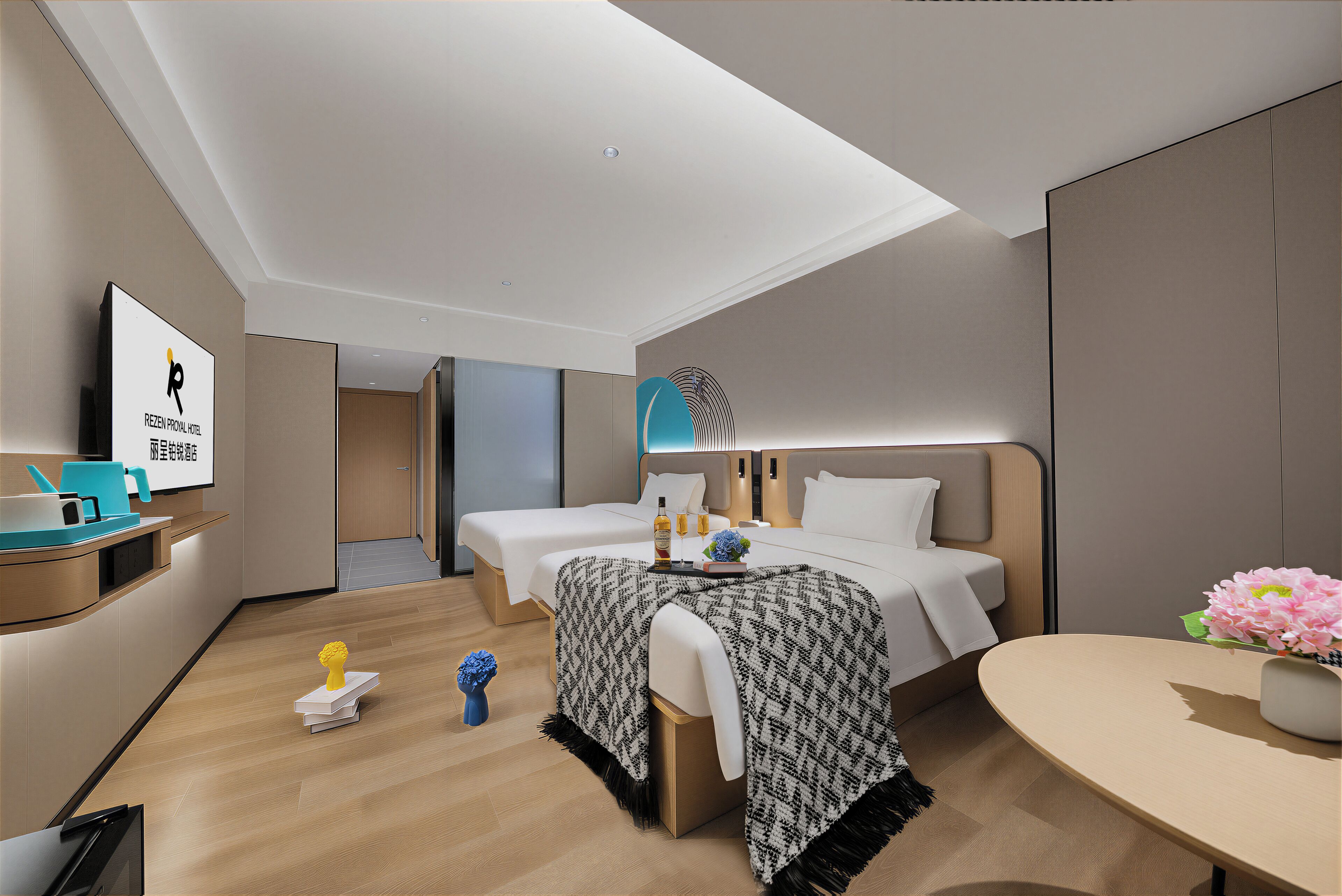 Quarto duplo empresarial | Cofres nos quartos, escrivaninha, espaço de trabalho para notebook