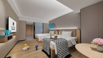 Quarto duplo empresarial | Cofres nos quartos, escrivaninha, espaço de trabalho para notebook