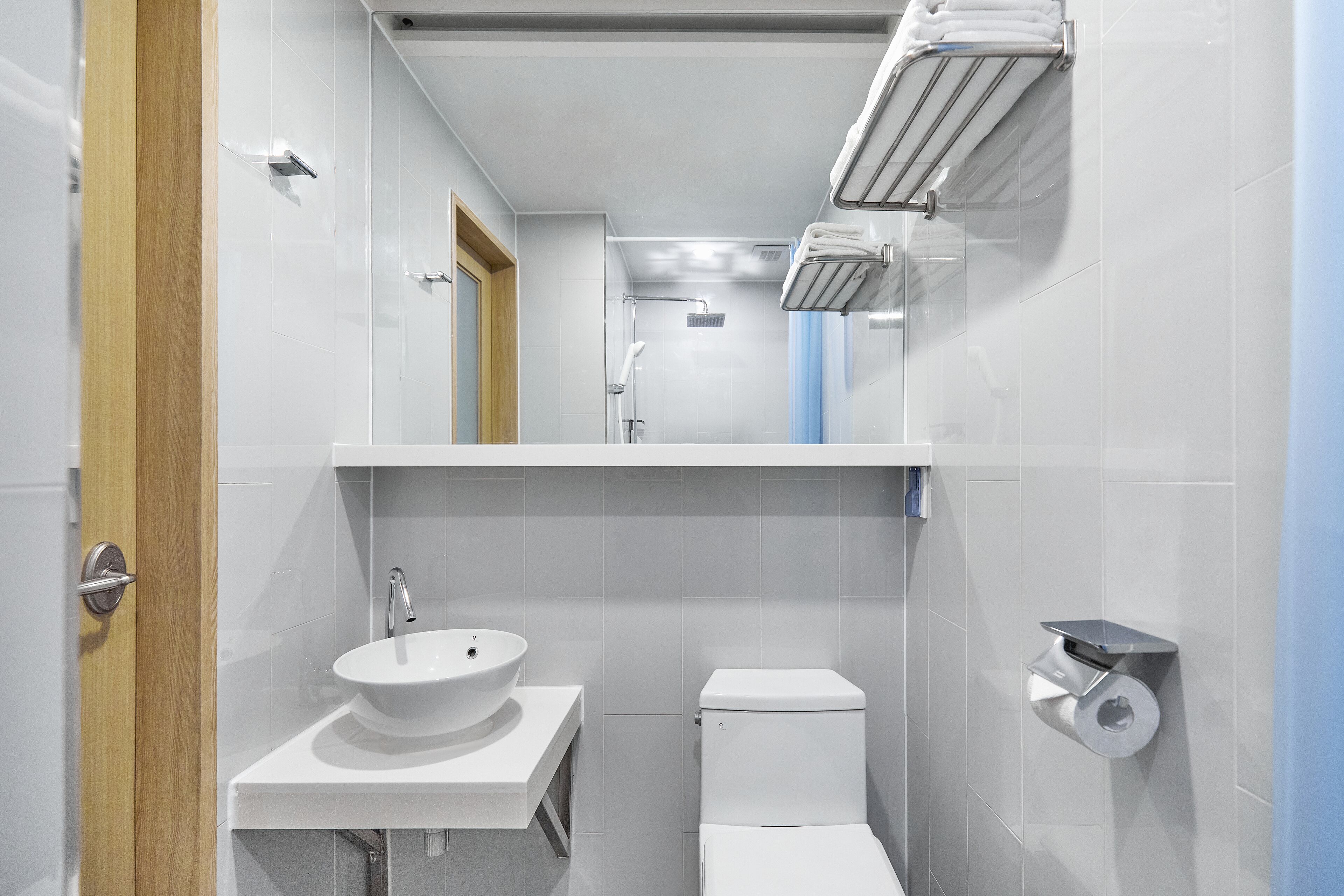 Hair dryer, bathrobes, towels, shampoo