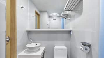 Hair dryer, bathrobes, towels, shampoo