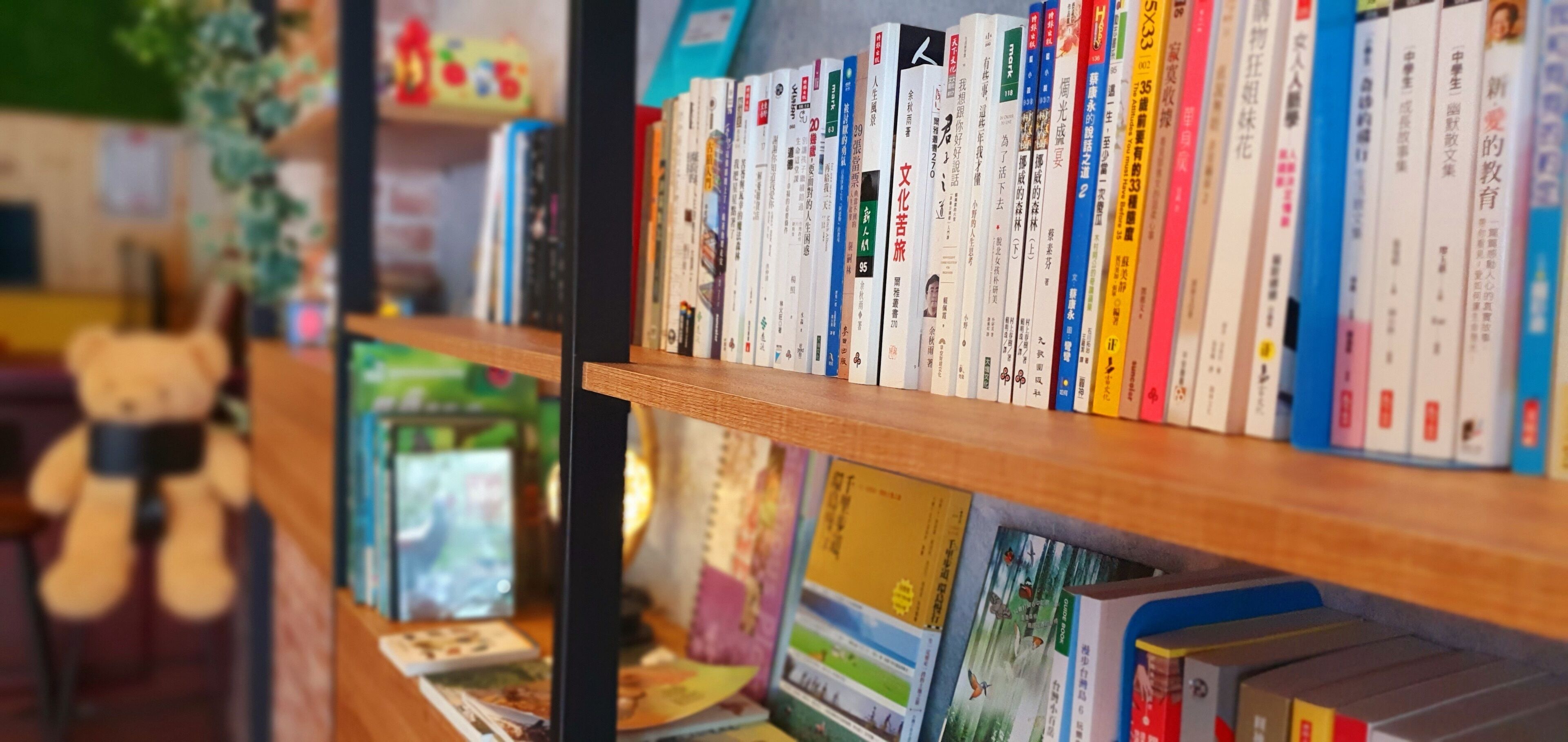 A bookshelf with various books and a stuffed toy.