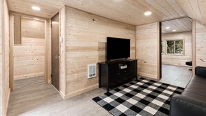 Una habitación con paneles de madera, un mueble negro para entretenimiento, una alfombra a cuadros y un televisor.