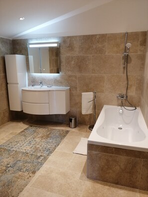 Hair dryer, towels, soap