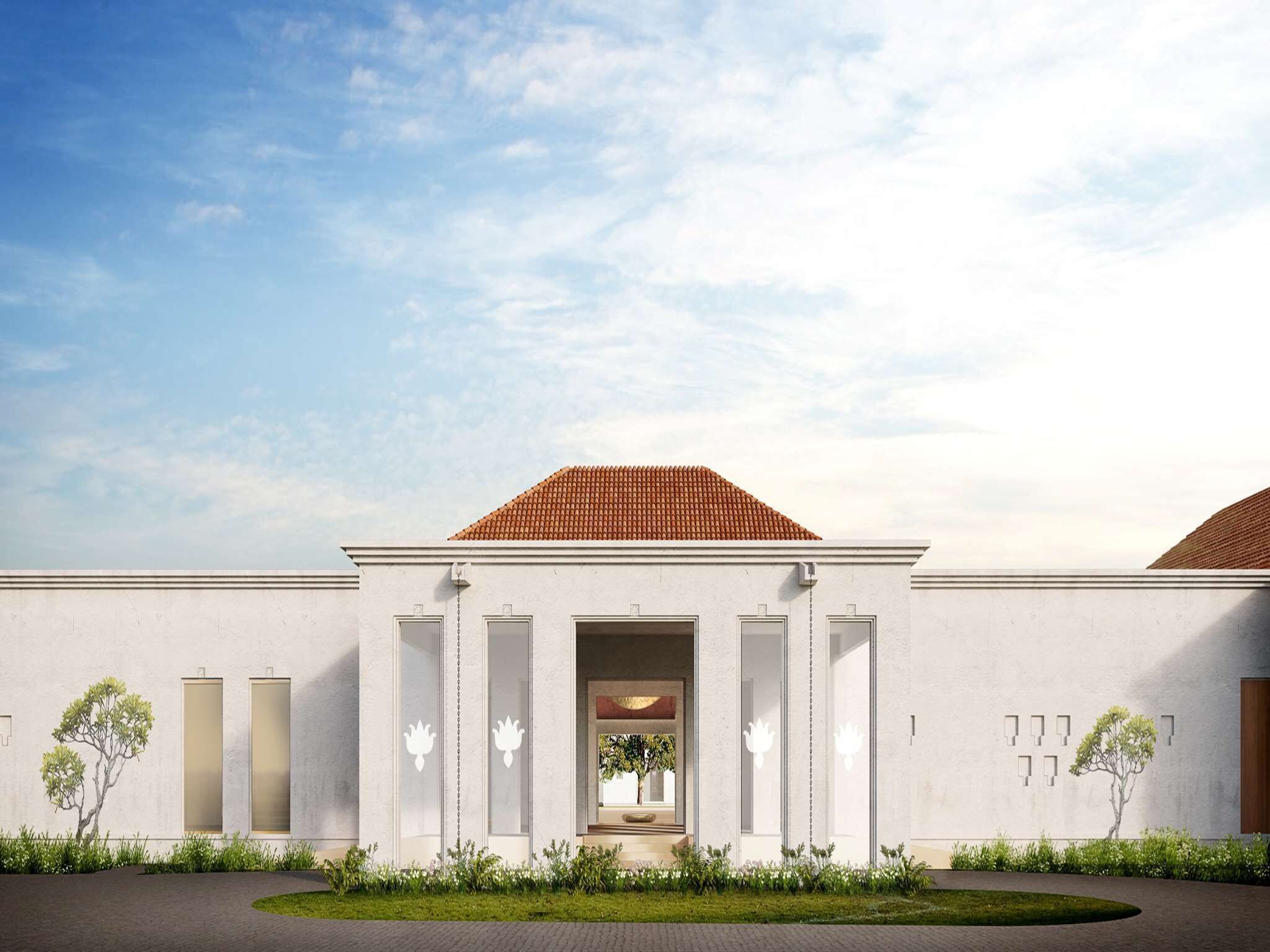 A modern building with a flat roof, large windows, and a symmetrical facade.
