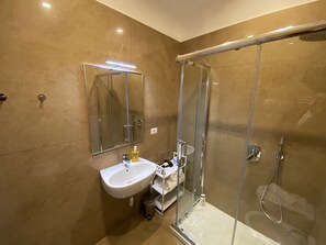 Hair dryer, towels, soap, shampoo