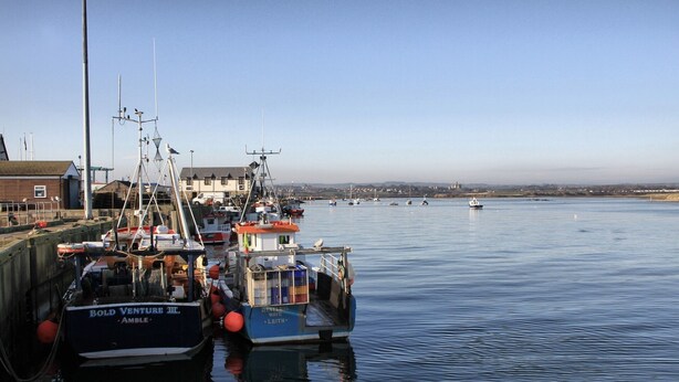 A harbor with boats docked, a building with a sloped roof, and a clear sky. - Arkle House - a cosy home-from-home in Amble-by-the-Sea (Amble)