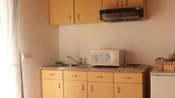 A compact kitchen with wooden cabinets, a microwave, and a small refrigerator.