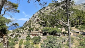 Una propiedad en una ladera con una casa de piedra, rodeada de árboles y terreno rocoso.