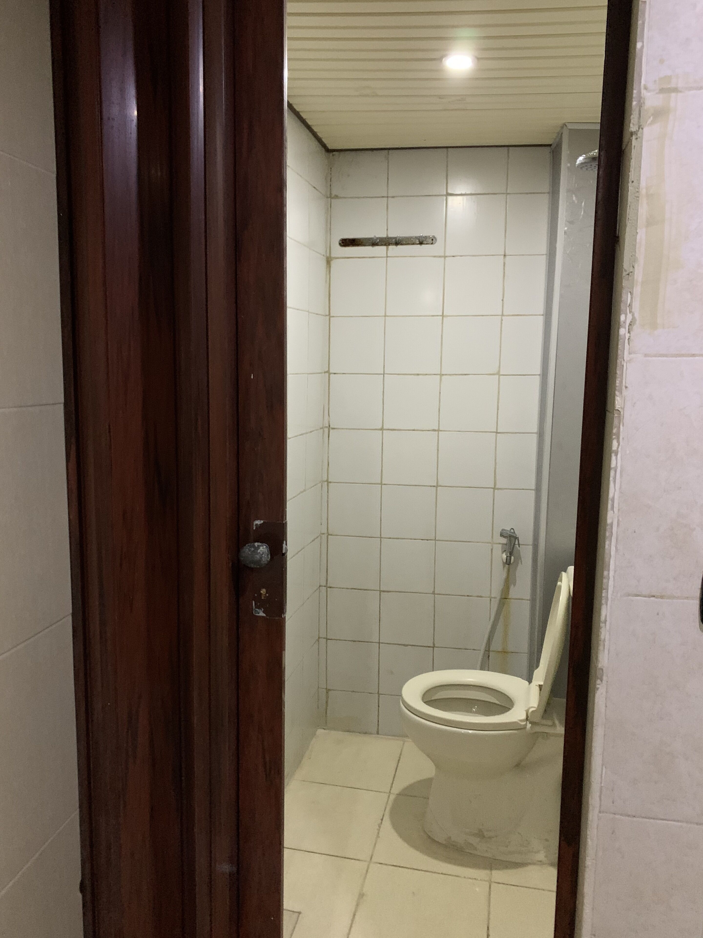A small, tiled bathroom with a toilet and a shower stall.