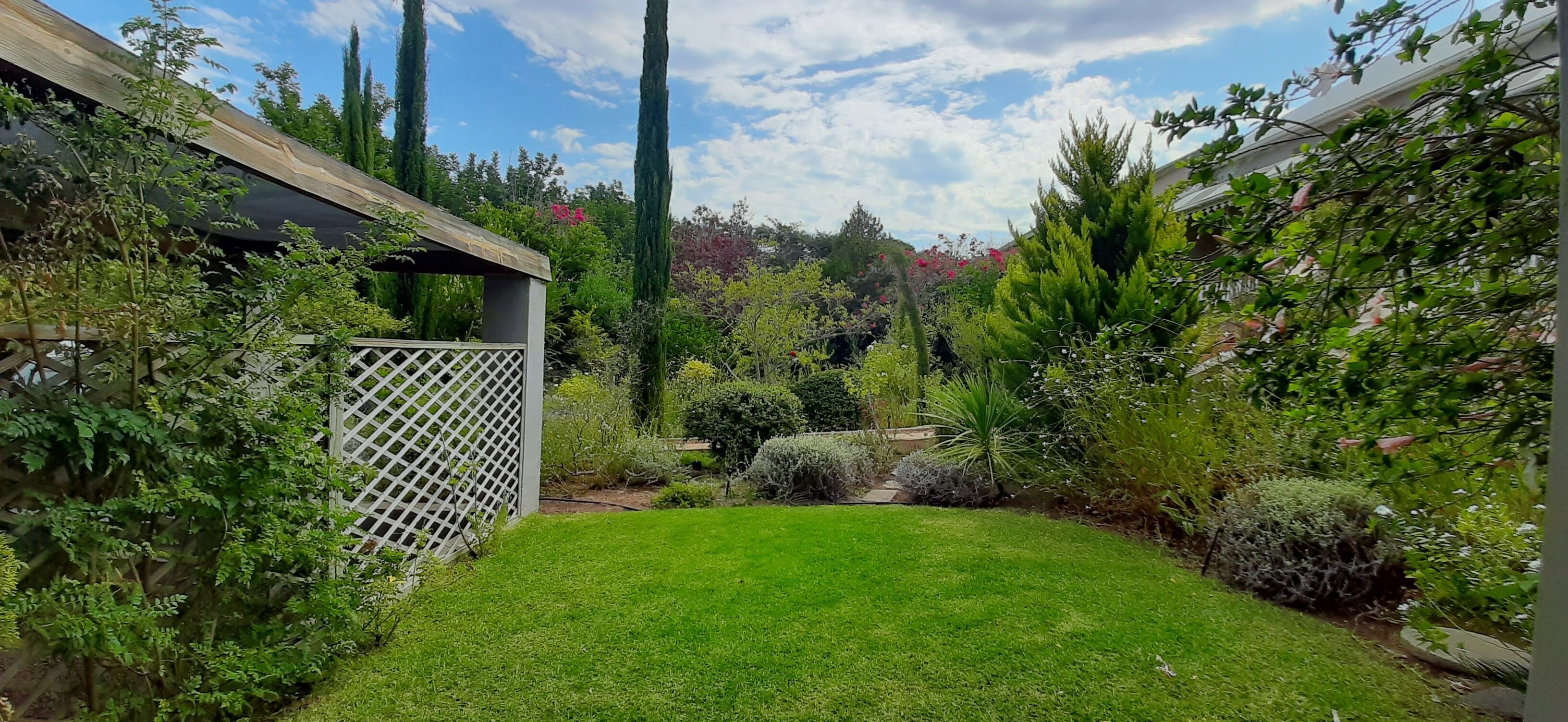 A well-maintained garden with a variety of plants and a clear pathway leading to a wooden structure.