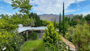 A lush garden with a variety of plants and trees, a pathway, and a building with a sloped roof. - Abigails Garden Cottage (Montagu)