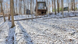 A cabin in a snowy forest with a clear sky. - The Reed – A Cozy Cabin in the Woods (Rockbridge)