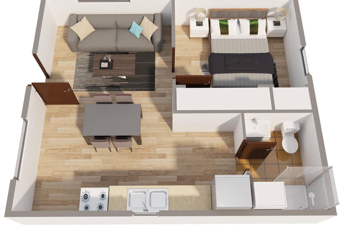 A 2-bedroom apartment layout with a living room, dining area, kitchen, and two bedrooms.
