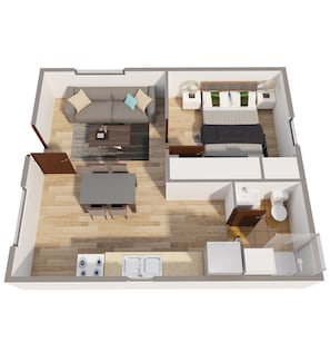 A 2-bedroom apartment layout with a living room, dining area, kitchen, and two bedrooms.