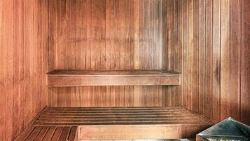 A sauna with wooden walls and benches.