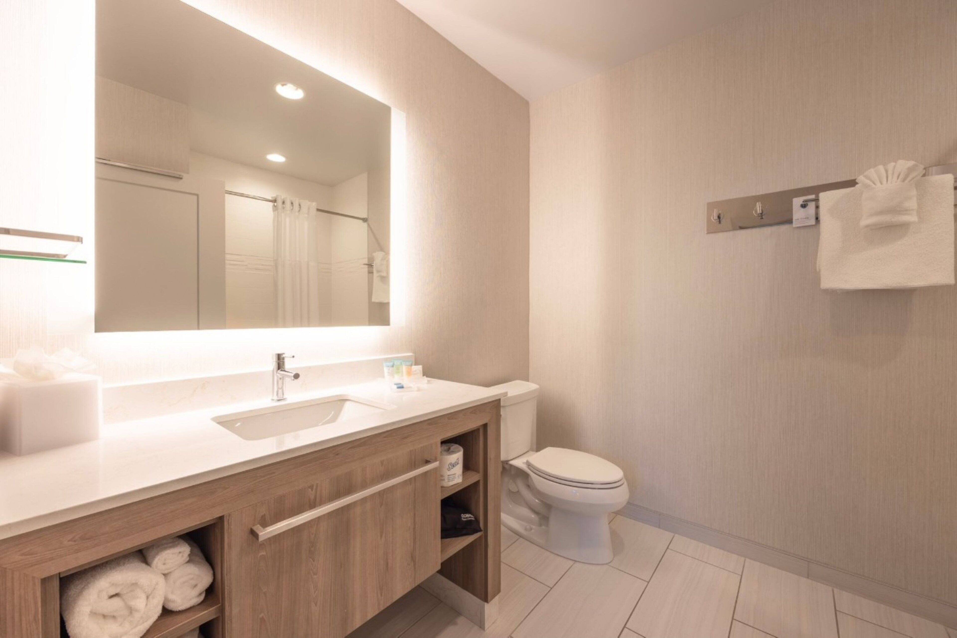 A modern bathroom with a large mirror, a sink, a toilet, and a towel rack.