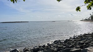 Une côte rocheuse offrant une vue dégagée sur la mer et sur la terre, qui se trouve au loin.