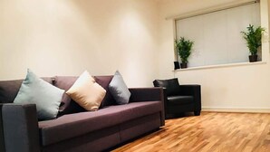 Un salon moderne avec un canapé marron foncé, deux coussins, un fauteuil noir et un plancher en parquet.