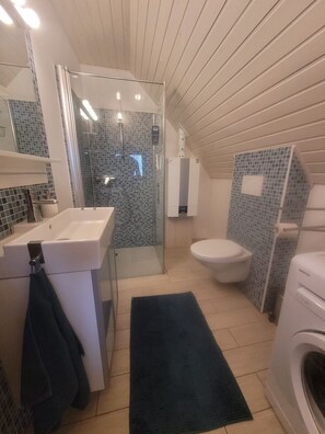 Douche, séchoir à cheveux, savon, papier de toilette