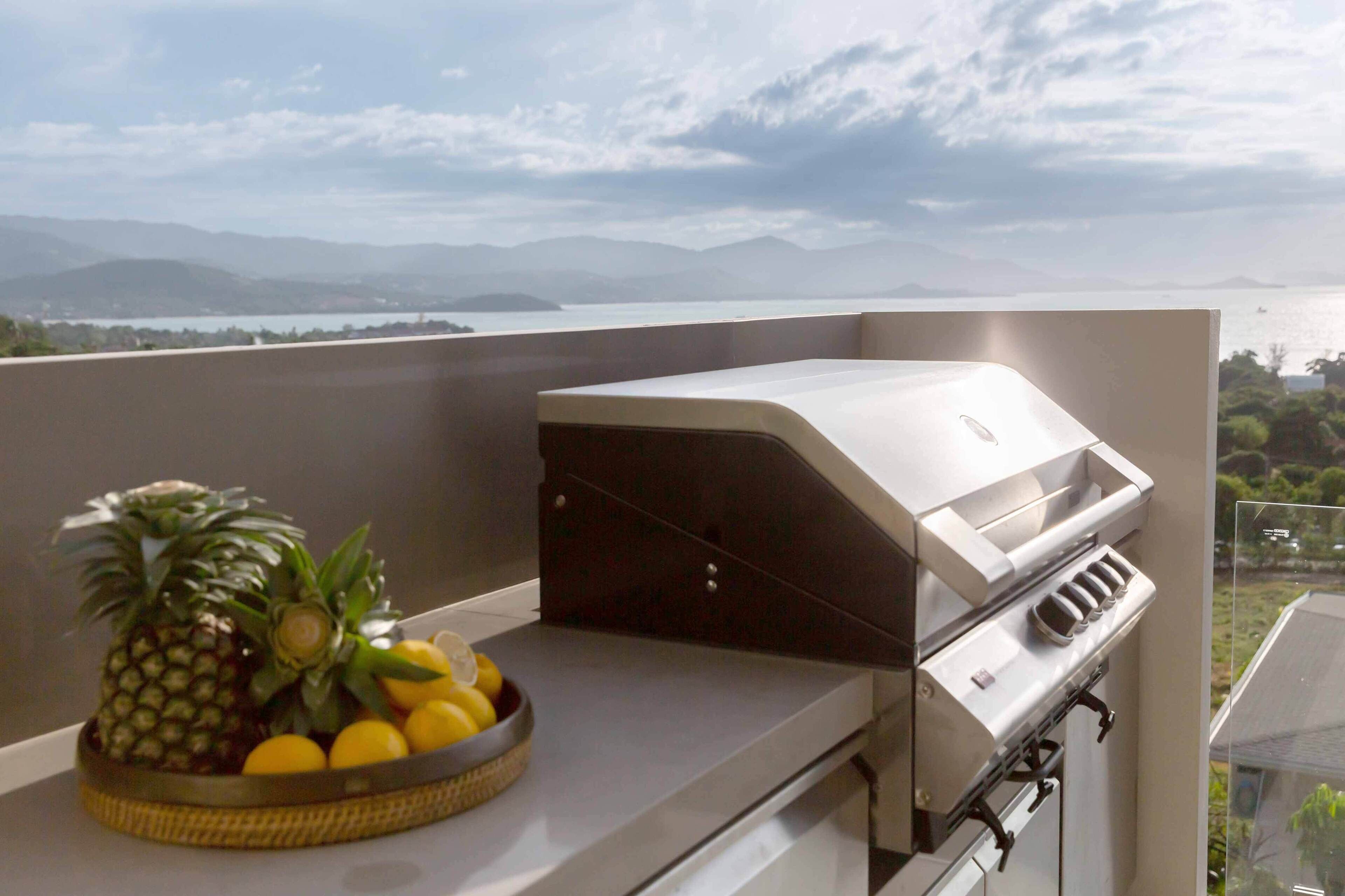 A balcony with a grill, a bowl of fruit, and a view of the sea and mountains.