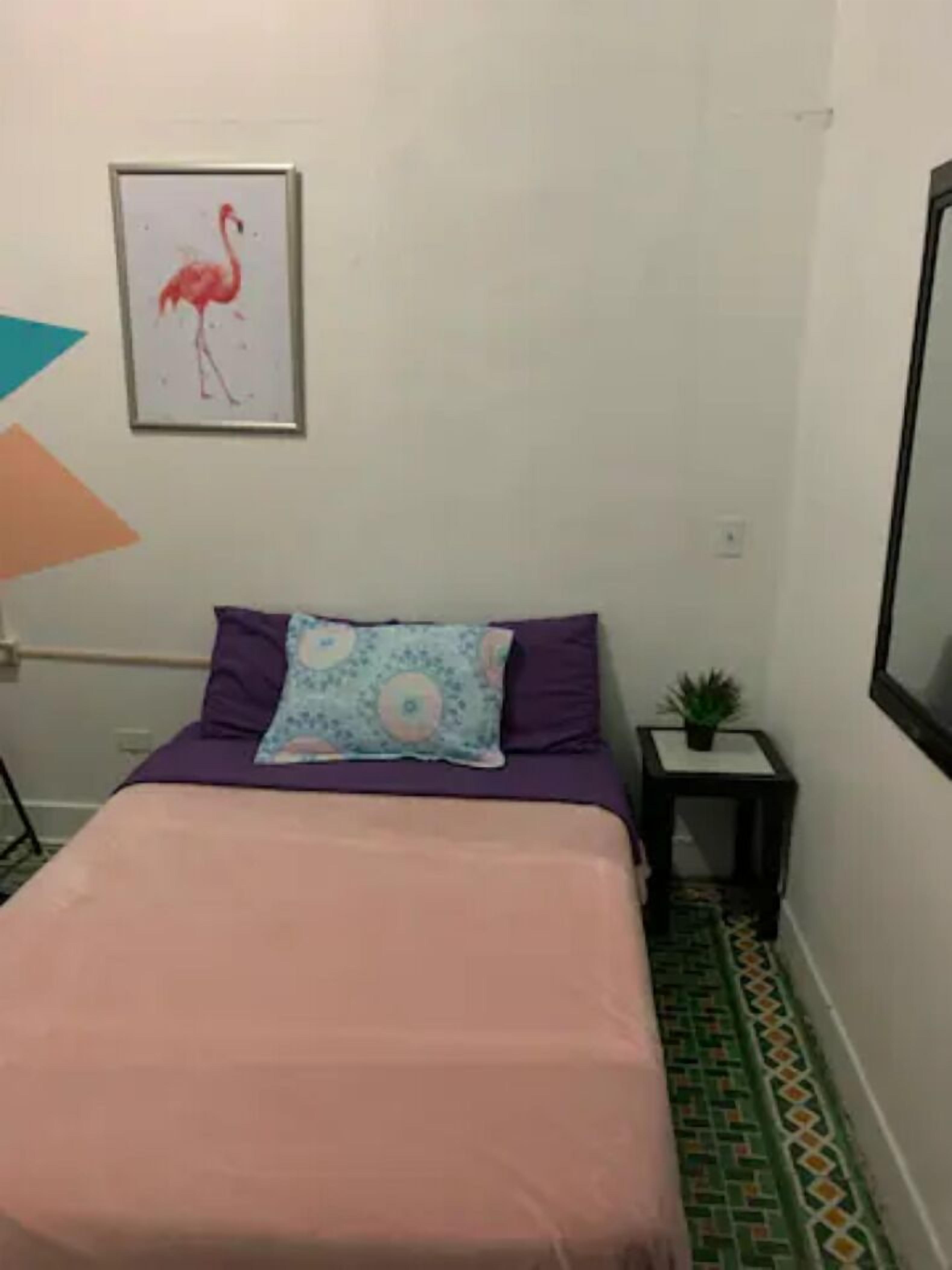 Quarto com uma cama, um travesseiro, uma planta pequena e um quadro na parede.