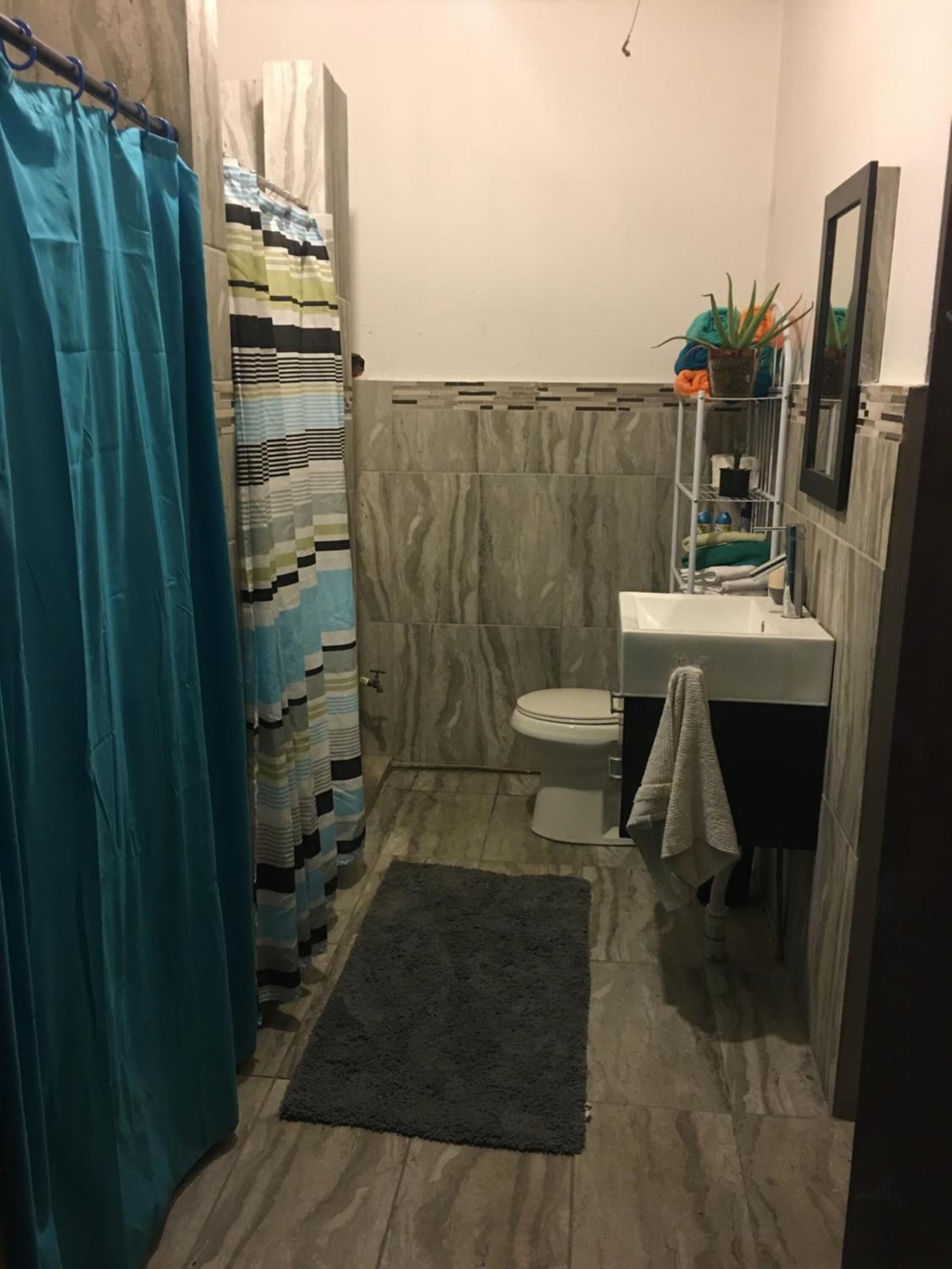 A bathroom with a toilet, sink, and shower curtain.