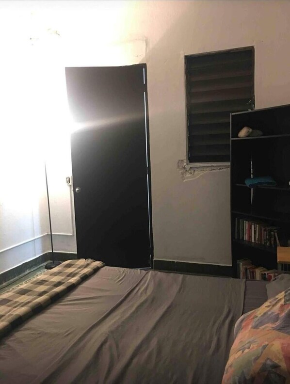 A room with a bed, a closed door, a window with blinds, and a bookshelf.