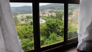A view through a window with a curtain, revealing a town with buildings and greenery. - Quinta Do Pomarinho (Arouca)