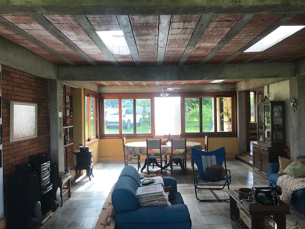 TV, fireplace, books