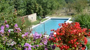 En swimmingpool omgivet af frodigt grønt og blomstrende planter.