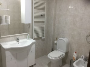 Hair dryer, towels, shampoo, toilet paper